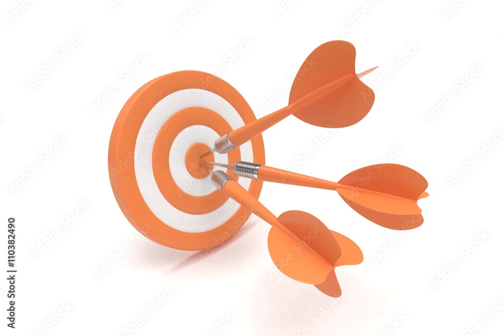 Three arrows darts in center. 3d rendering. Three arrows darts in center. 3d rendering.