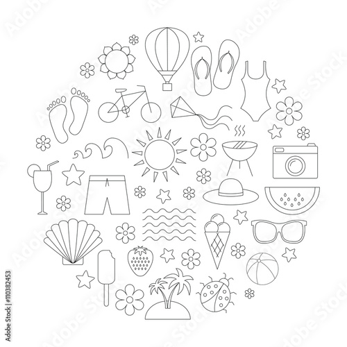 Wallpaper Mural Summer time linear icons set:travel vacation,beach,hiking.Design for web, postcard,poster.Black thin line icons.Isolated on white background.Vector illusrtation Torontodigital.ca