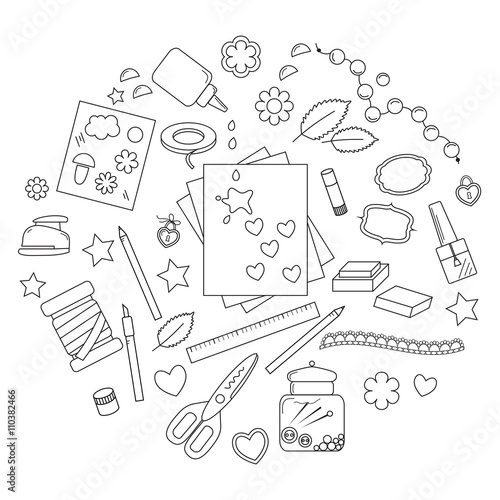 Collection of art supplies and tools for crafting, paper piecing and scrapbooking.Vector illustration