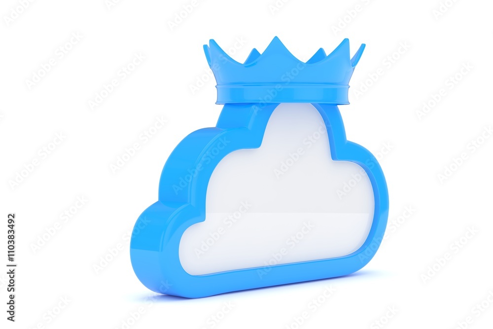 Isolated blue cloud icon with crown on white background. Symbol of communication, network and technology. Broadband. Online database. 3D rendering. Isolated blue cloud icon with crown on white background. Symbol of communication, network and technology. Broadband. Online database. 3D rendering.