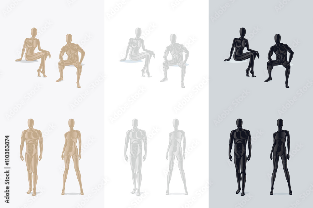 Female Mannequin and Male Mannequin sitting and standing. Vector