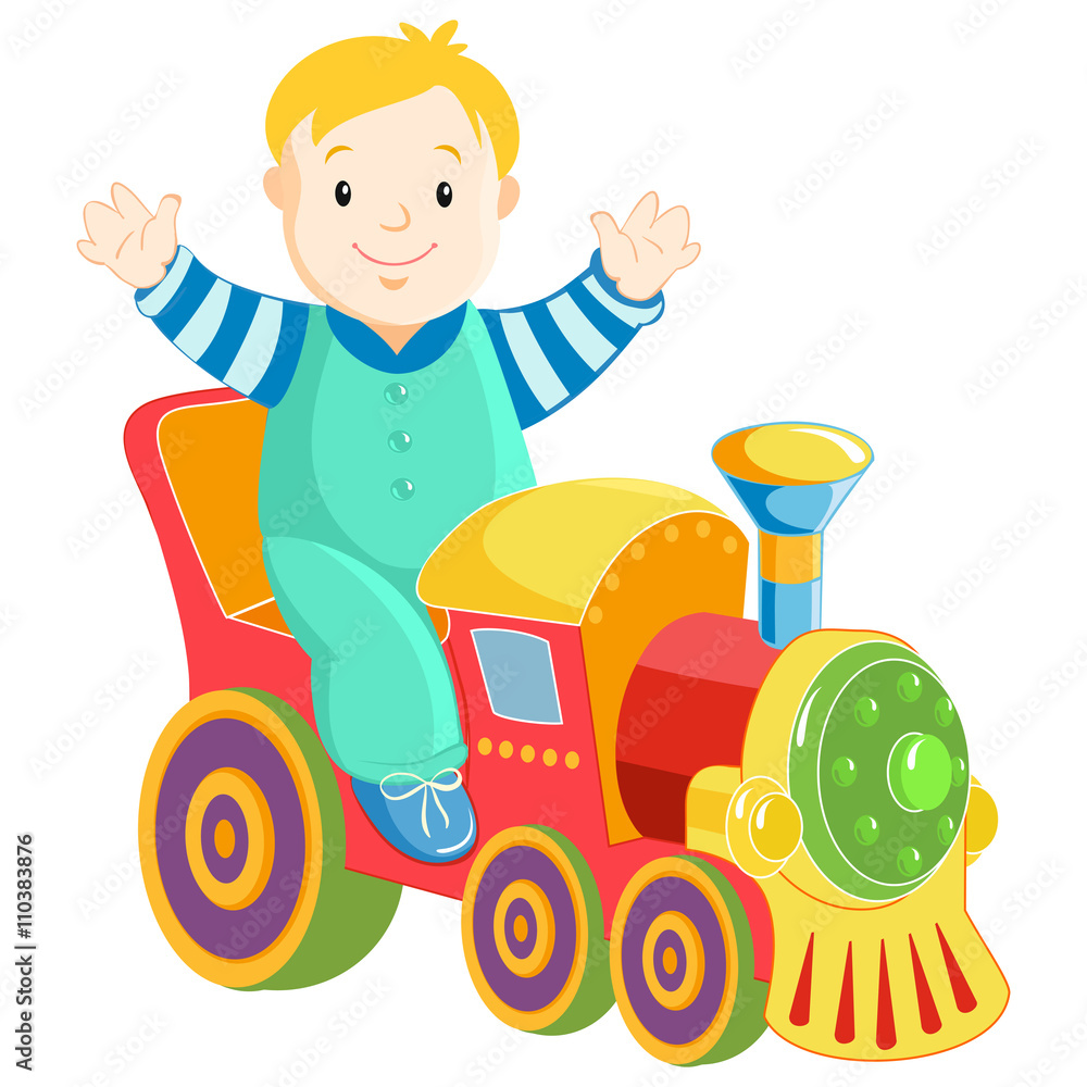Happy little boy playing with toys, Stock vector