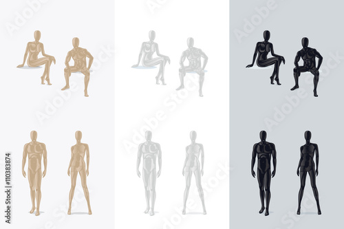 Female Mannequin and Male Mannequin sitting and standing. Vector illustration