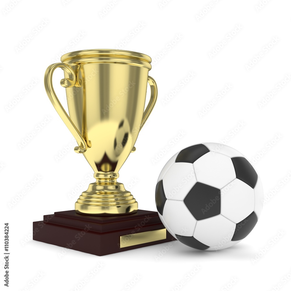Fototapeta premium Isolated golden cup with ball on white background. Soccer and football. First place trophy. Game and competition. 3D rendering