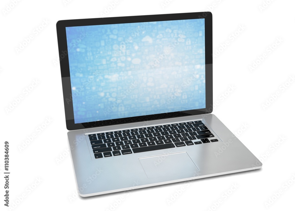 3d rendering of a laptop with blue wallpaper with app icon 3d rendering of a laptop with blue wallpaper with app icon