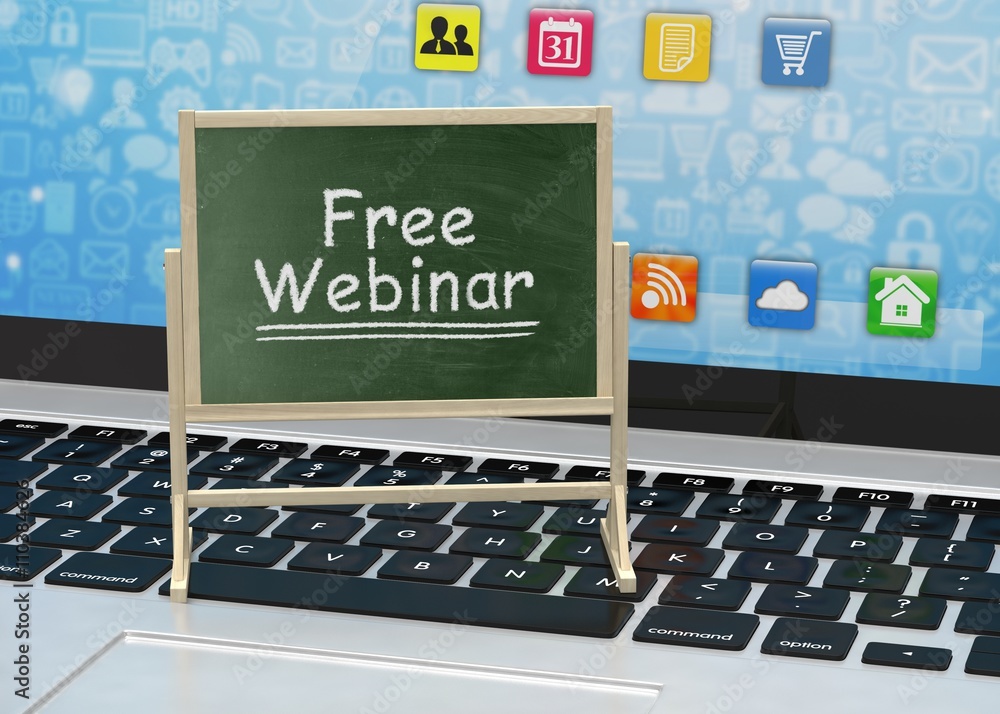 Obraz premium Laptop with chalkboard, free webinar, online education concept. 3d rendering.