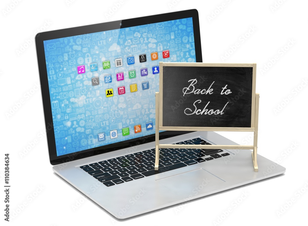 Laptop with chalkboard, back to school, online education concept. 3d rendering. Laptop with chalkboard, back to school, online education concept. 3d rendering.