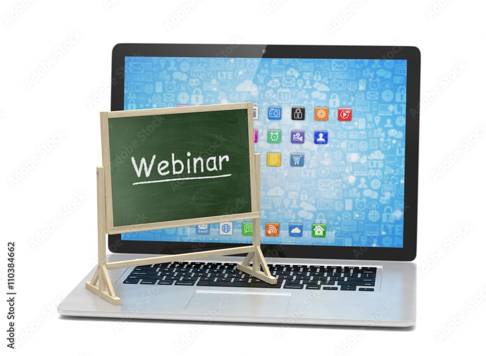 Laptop with chalkboard, webinar, online education concept. 3d rendering. Laptop with chalkboard, webinar, online education concept. 3d rendering.