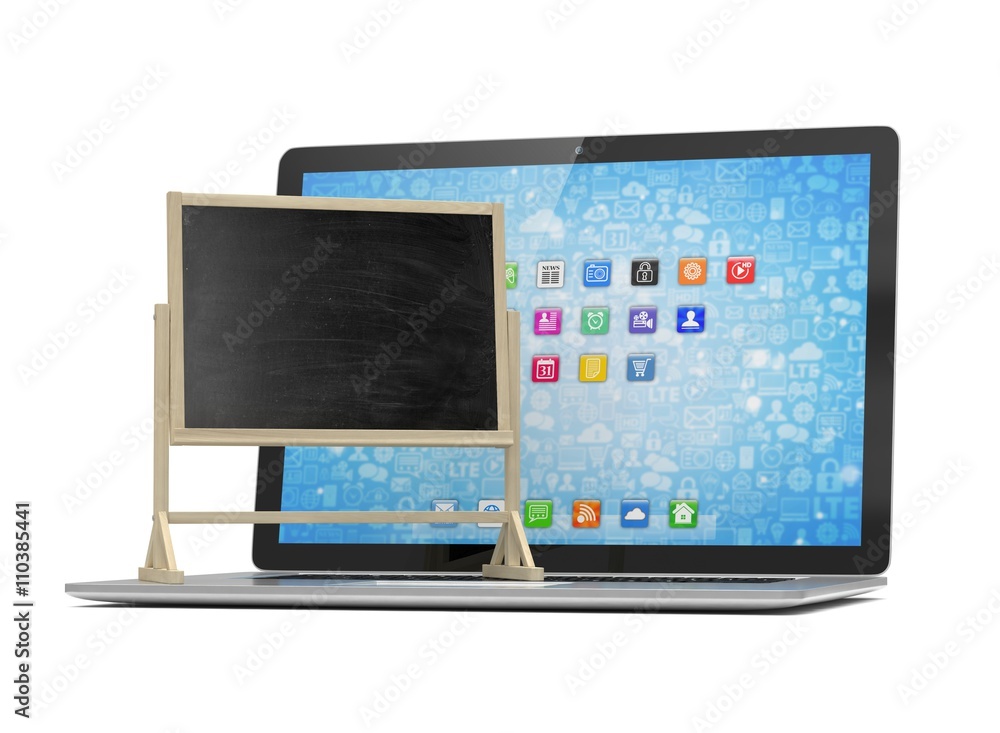 Laptop with chalkboard, online education concept. 3d rendering. Laptop with chalkboard, online education concept. 3d rendering.