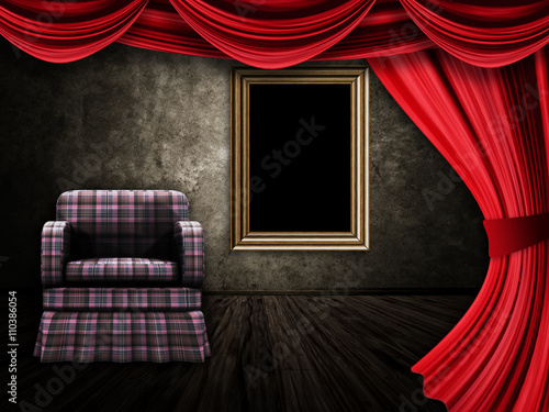 Room with armchair, curtains and frame