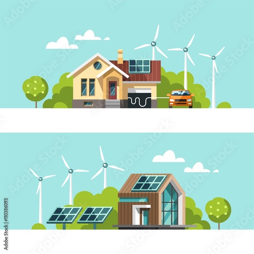 Green energy an eco friendly houses - solar energy, wind energy. Vector concept illustration.