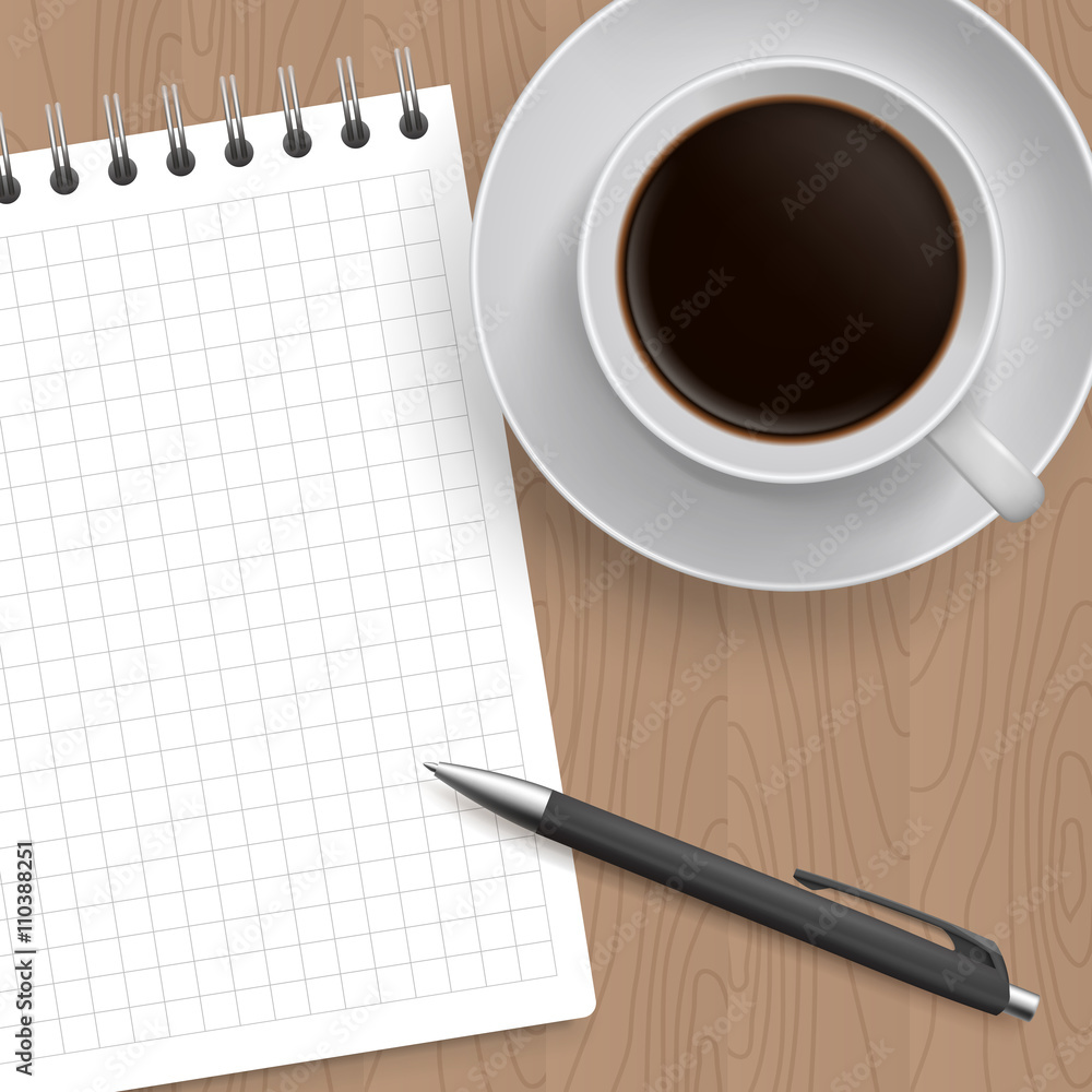 Blank Pad of Paper ready for your own text, Pen and Coffee, Realistic top view vector illustration. Coffe and notebook on wooden table Blank Pad of Paper ready for your own text, Pen and Coffee, Realistic top view vector illustration. Coffe and notebook on wooden table
