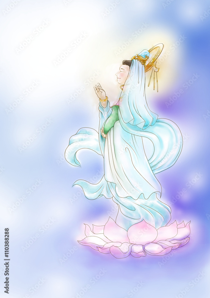 Watercolor  illustration of Guanyin, an east asian spiritual figure of mercy  