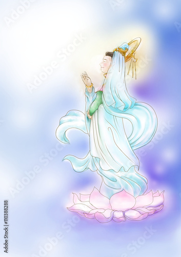 Watercolor illustration of Guanyin, an east asian spiritual figure of mercy 