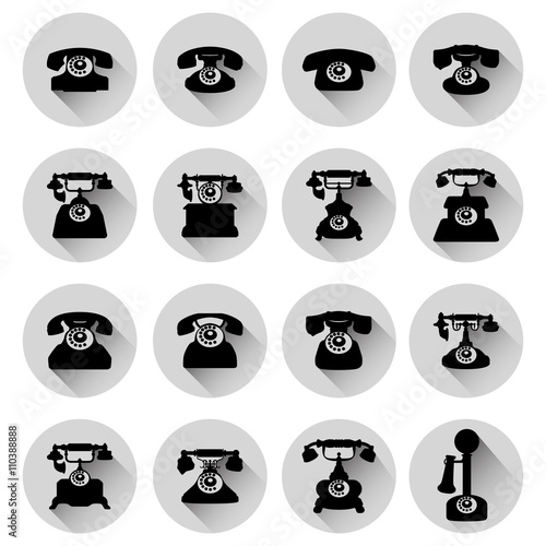 Silhouettes of old phones, flat icons. Vector illustration.
