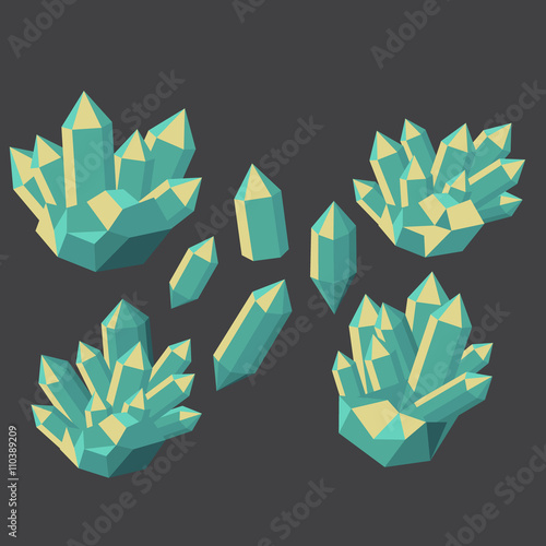 Colorful shiny bright crystals.  Polygon stone mineral and poly  shape rocks. Emerald crystal, ruby crystal, tourmaline crystal, quartz crystal, diamond crystal isolated
