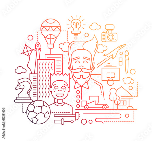 Common interests, hobbies - father and son line design illustration
