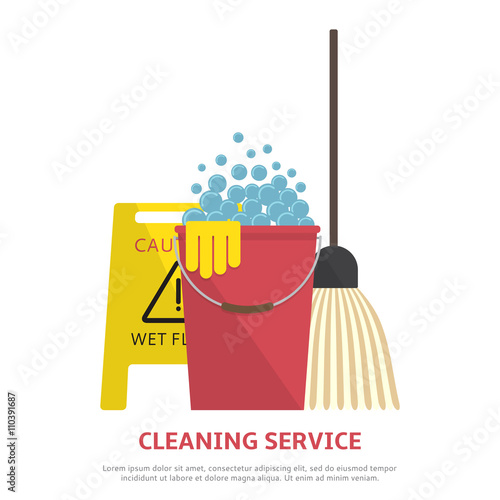 Cleaning service banner in flat style. Vector illustration with wet floor sign, plastic red bucket, mop.