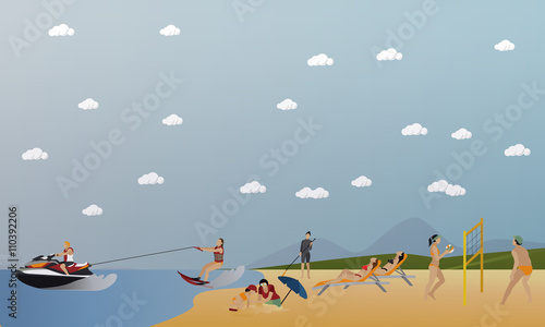 Vector set of summer recreation concept banners in flat style. People playing water sport on a beach