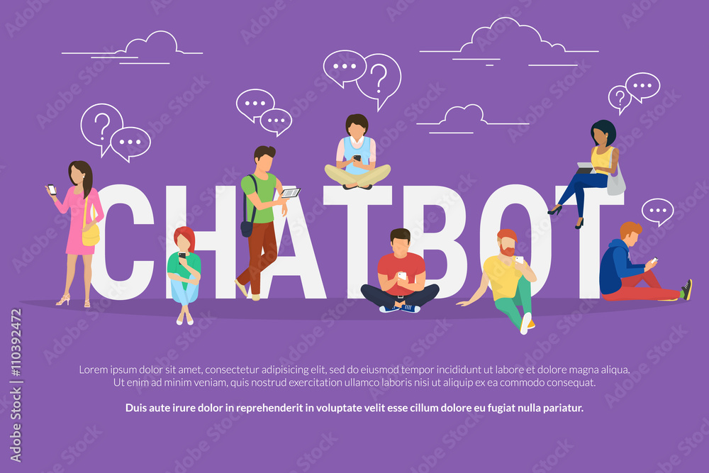 Chatbot concept illustration of young various people using mobile gadgets such as tablet pc and smartphone for chatting with chatter robot. Flat design of guys and women standing near big letters Chatbot concept illustration of young various people using mobile gadgets such as tablet pc and smartphone for chatting with chatter robot. Flat design of guys and women standing near big letters