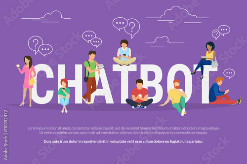 Chatbot concept illustration of young various people using mobile gadgets such as tablet pc and smartphone for chatting with chatter robot. Flat design of guys and women standing near big letters
