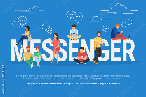 Messenger concept illustration of young various people using mobile gadgets such as tablet pc and smartphone for texting via internet. Flat design of guys and women standing near big letters