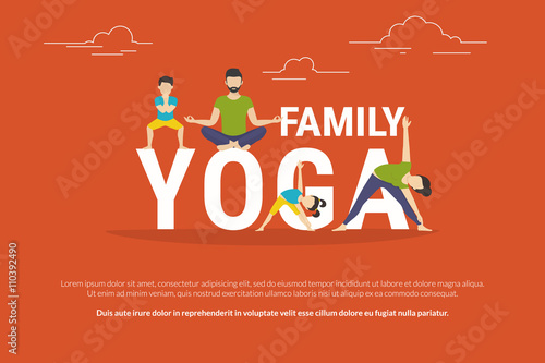 Family yoga concept illustration of people doing yoga exercises. Flat design of father and mother with their children doing yoga pose near letters isolated on red background