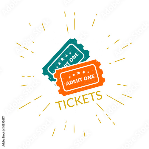 Retro grunge transparent illustration of two tickets. Hipster style icon with sunburst isolated on white background.