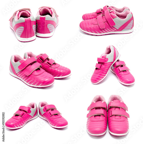Collection of photos children pink sport shoes