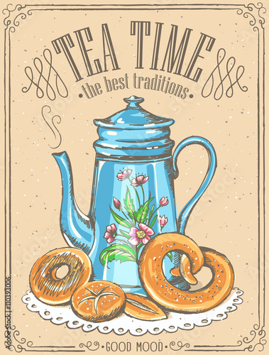 Retro illustration Tea Time with teapot and bakery