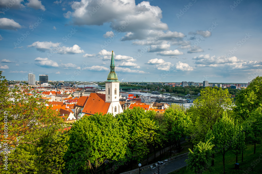 Bratislava cityscape view on the old town with Saint Martin's cathedral from the castle hill in Slovakia