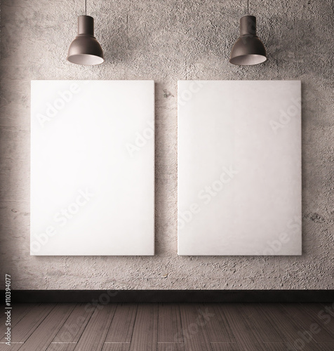 Fotografia interior in the loft-style with posters and paintings. 3d