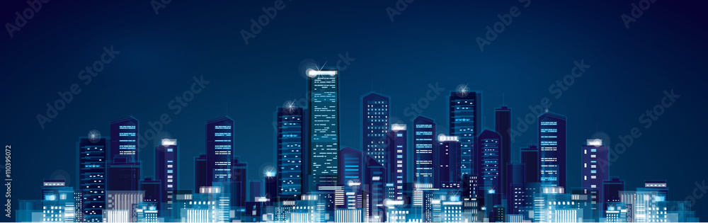 Vector night panoramic cityscape.