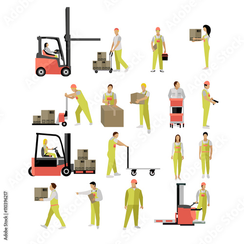 Delivery people silhouettes. Logistic and transportation icons isolated on white background. Vector illustration in flat style design.