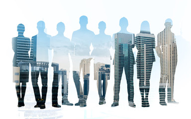 business people silhouettes over city background