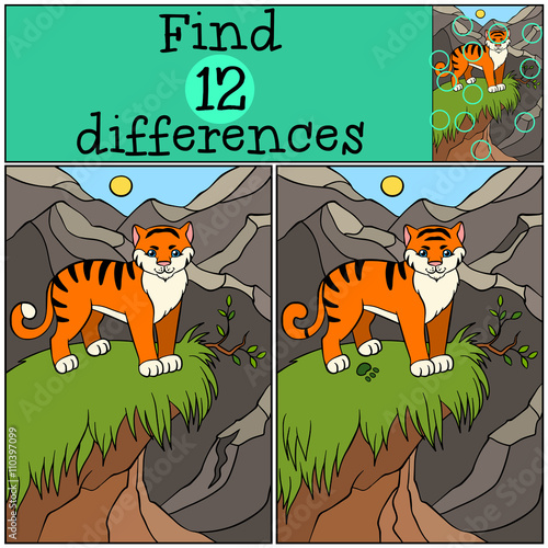 Fototapeta Naklejka Na Ścianę i Meble -  Children games: Find differences. Cute little tiger.