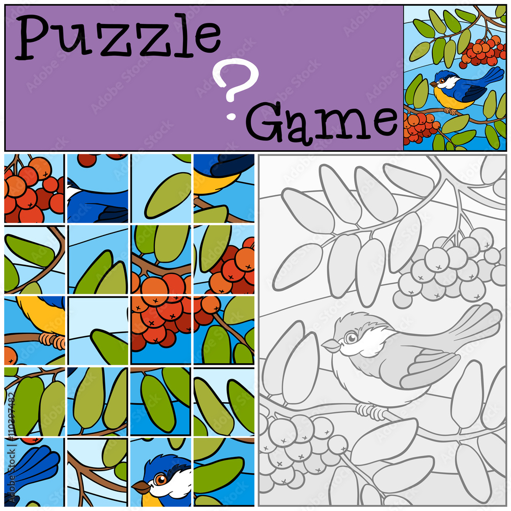 Children games: Puzzle. Little cute titmouse.