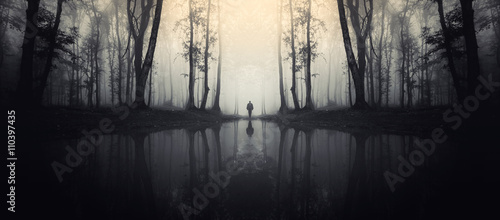 forest with reflection in lake and man silhouette