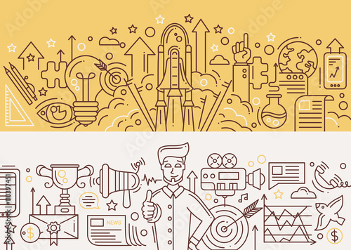Successful startup, promotion management - line design banners set