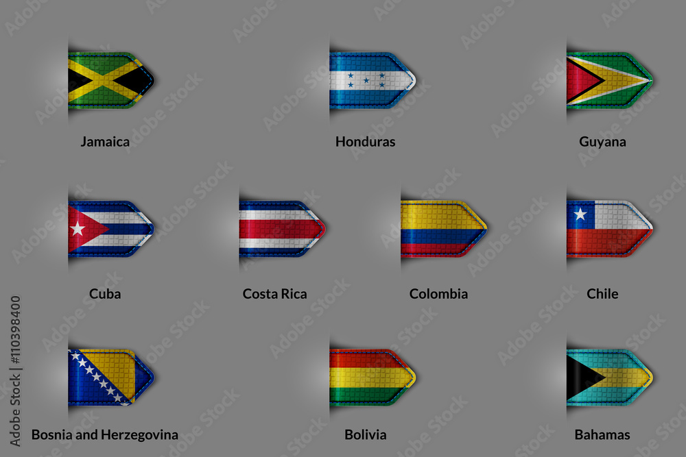 Set of flags in the form of a glossy textured label or bookmark. Jamaica Honduras Canada Cuba Costa Rica Colombia Chile Bosnia and Herzegovina Bolivia Bahamas. Set of flags in the form of a glossy textured label or bookmark. Jamaica Honduras Canada Cuba Costa Rica Colombia Chile Bosnia and Herzegovina Bolivia Bahamas.