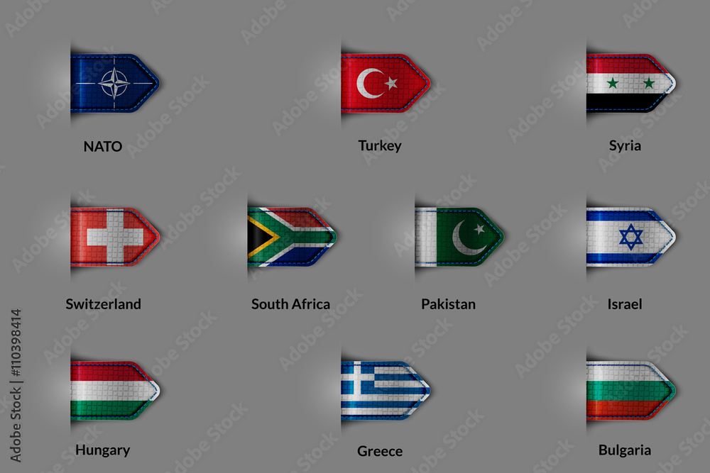 Set of flags in the form of a glossy textured label or bookmark. NATO Turkey  Syria Switzerland SOUTH AFRICA  Pakistan  Israel Hungary Greece Bulgaria.