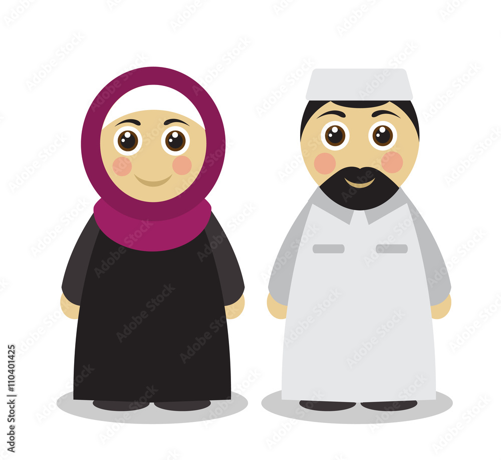 Cute Cartoon Muslim man and woman in traditional Islamic clothing on a white background Stock Vector | Adobe Stock Cute Cartoon Muslim man and woman in traditional Islamic clothing on a white background Stock Vector | Adobe Stock