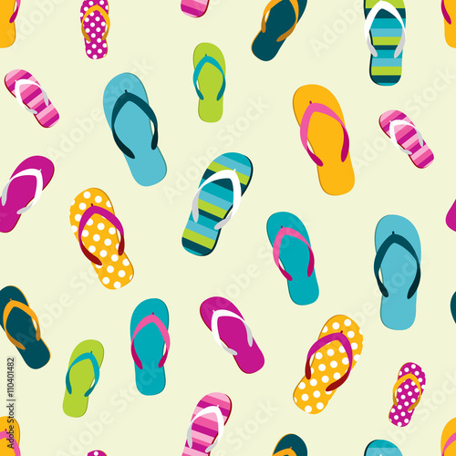 Flip flop color summer pattern. Seamless repeat pattern, background. Cartoon flat illustration.