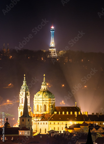 Photography St. Nicolas church with Petrin tower, Prague, Czech r