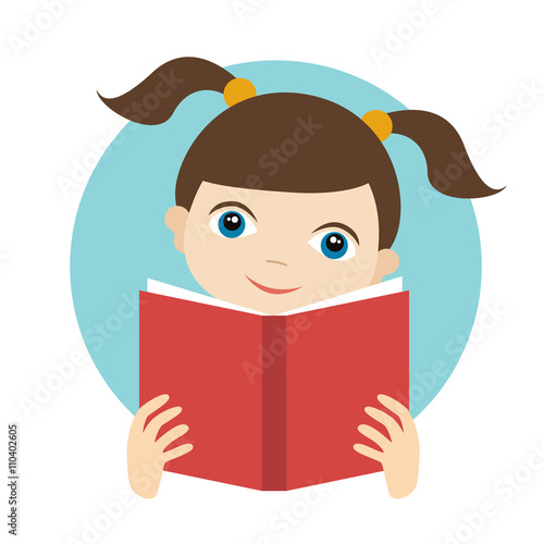 Little cute girl reading a book. Flat vector.