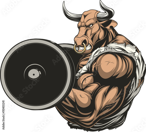 Ferocious bull with a barbell