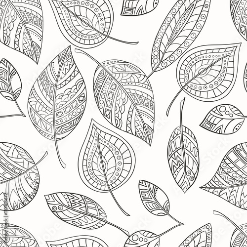 Seamless pattern of decorative, abstract hand-drawn leaves. 