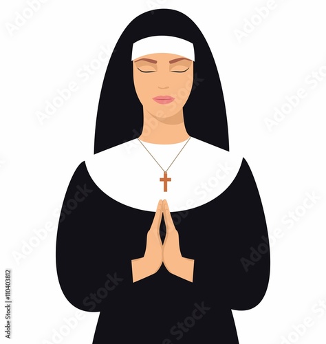 illustration of a young nun with eyes closed and hands folded in prayer. Young nun in prayer position. illustration of woman praying