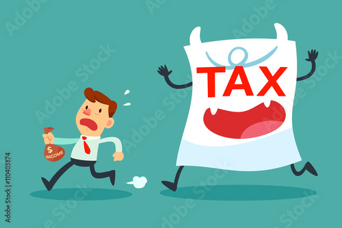 businessman with small income running away from tax paper monste