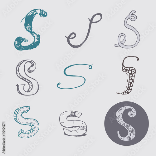 Original letters S set, isolated on light gray background. Alphabet symbols, editable, hand drawn, creative, in different variations, Italic, 3d, freehand, drawn with brush and nib vector Illustration